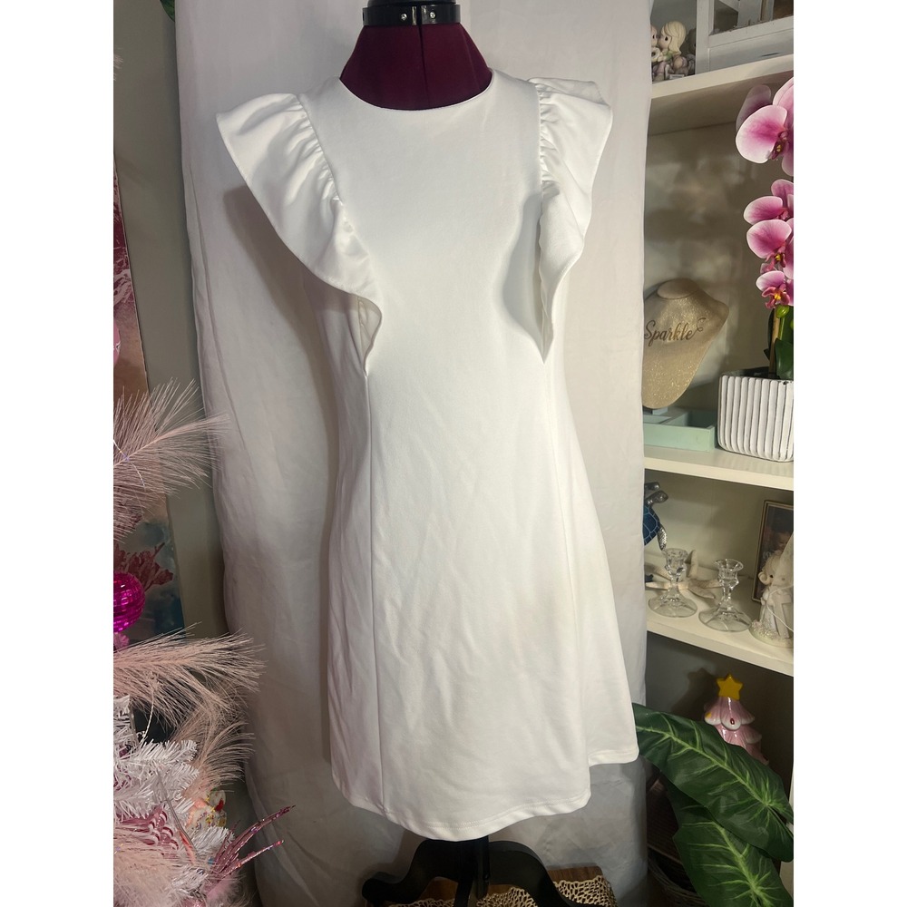 She + Sky Ruffle Mini Dress Womens Small White Good Sleeveless SY6250